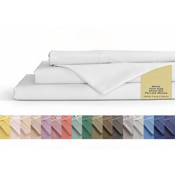 Twin 100% Cotton Percale Sheet Set White Deep Pocket 15" Fitted Flat and 1 Pillowcase