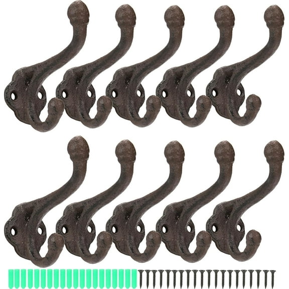 10 Pack Cast Iron Coat Hooks, Rustic Wall Hooks, Wall Mounted Farmhouse Coat Hangers, Heavy Duty Double Hooks for Hanging Coats, Bags, Caps, Hats, Towels, Keys