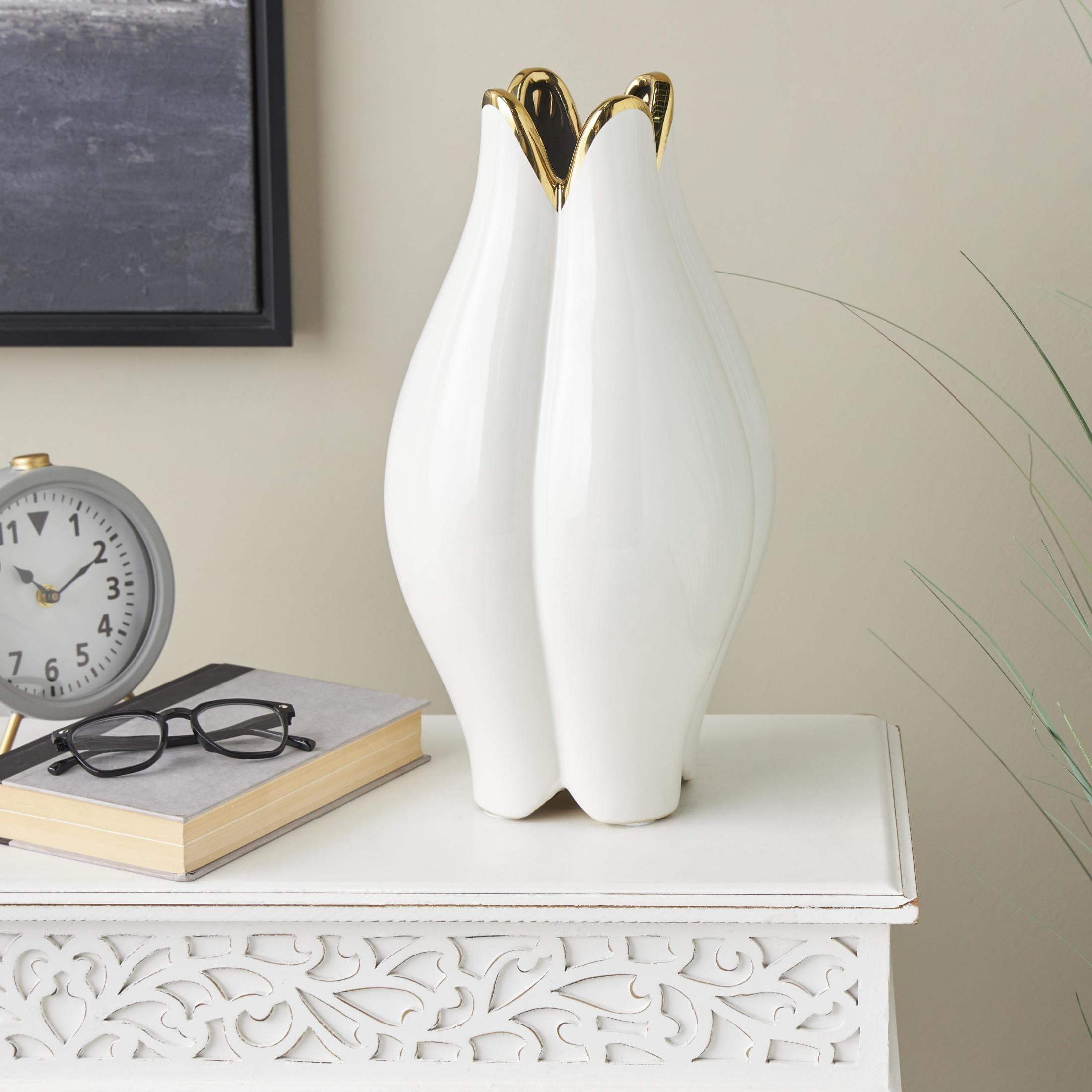 DecMode 16" Floral Dimensional Shaped White Ceramic Vase with Metallic Gold Rim