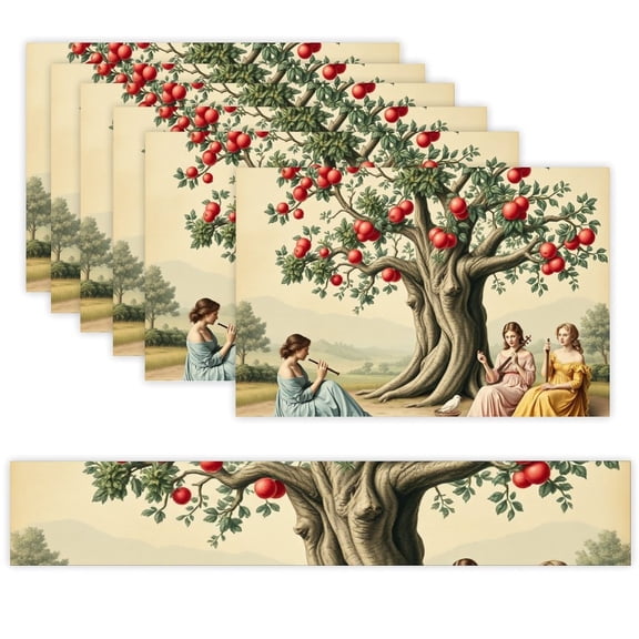 7 Piece Linen Table Runner and Placemats Set, Apple Tree Women Round Corner Heat Resistant Washable Table Mats for Home Kitchen Dining Party Decoration