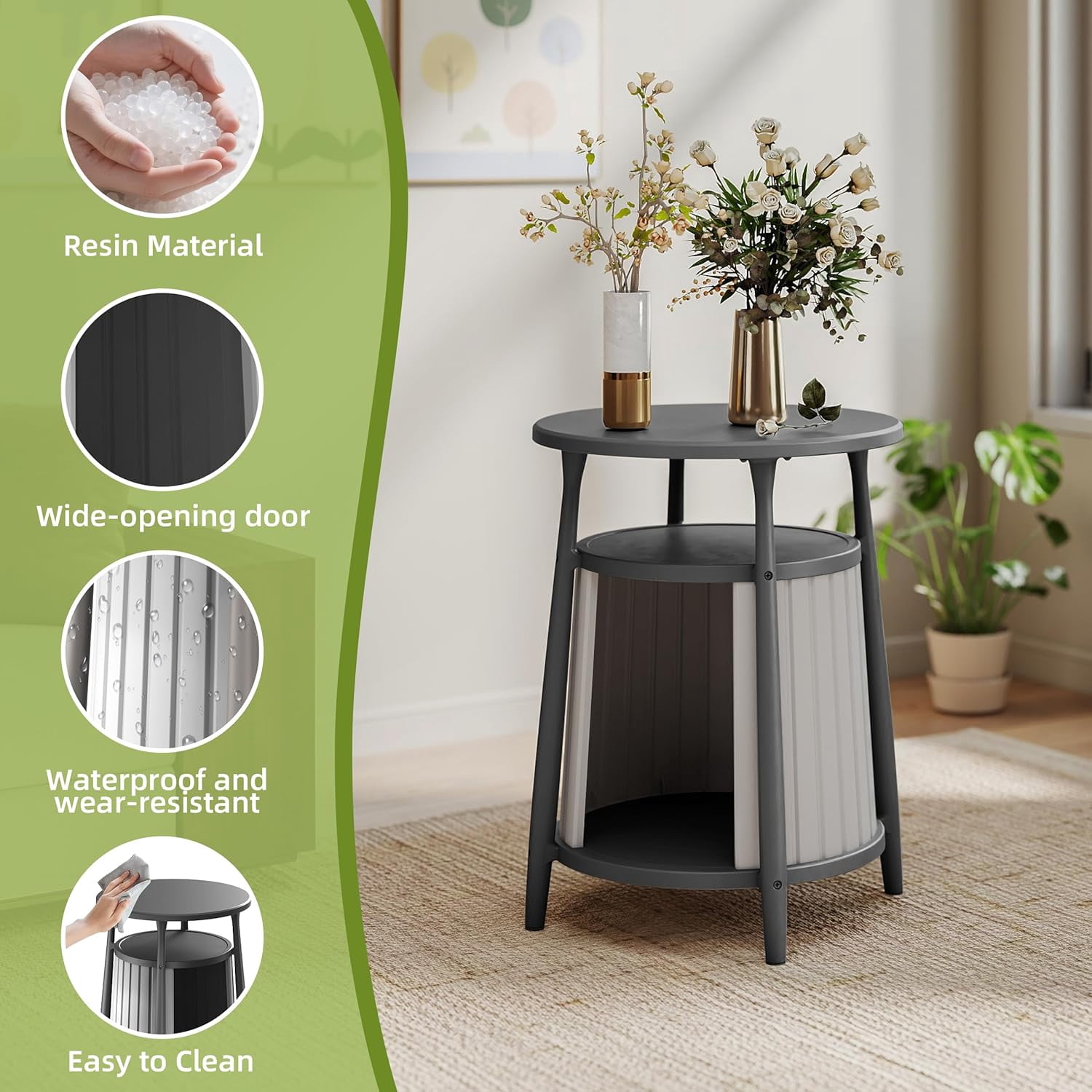 Joxxoaa 2-in-1 Cat House End Table, Weatherproof Resin Pet Bed Nightstand for Small Spaces, Easy Assembly, Black/Gray，Father's Day Gift