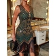 thumbnail image 6 of Green Sequin Embellished V-Neck Sleeveless Bodycon Fringe Hem Cocktail, 6 of 20
