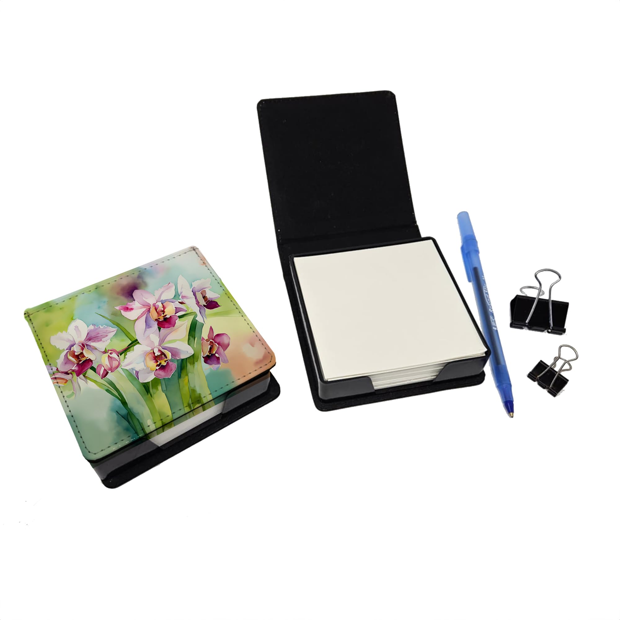 Caroline's Treasures Orchids in Watercolor PU Leather Note Paper Holder with Artist-Designed Cover, Desk Accessory, Office Gift
