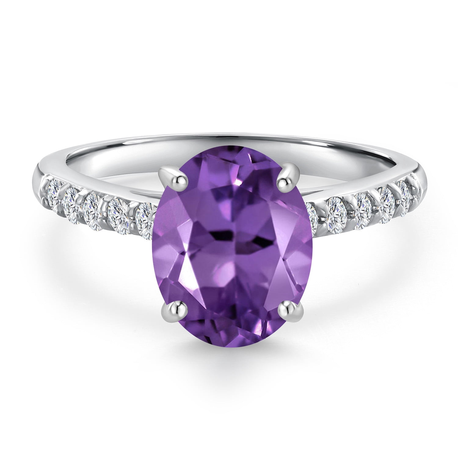 Gem Stone King 10K White Gold Purple Amethyst and Lab Grown Diamond Engagement Ring for Women | 1.80 Cttw | Oval 9X7MM | Gemstone February Birthstone | Size 6