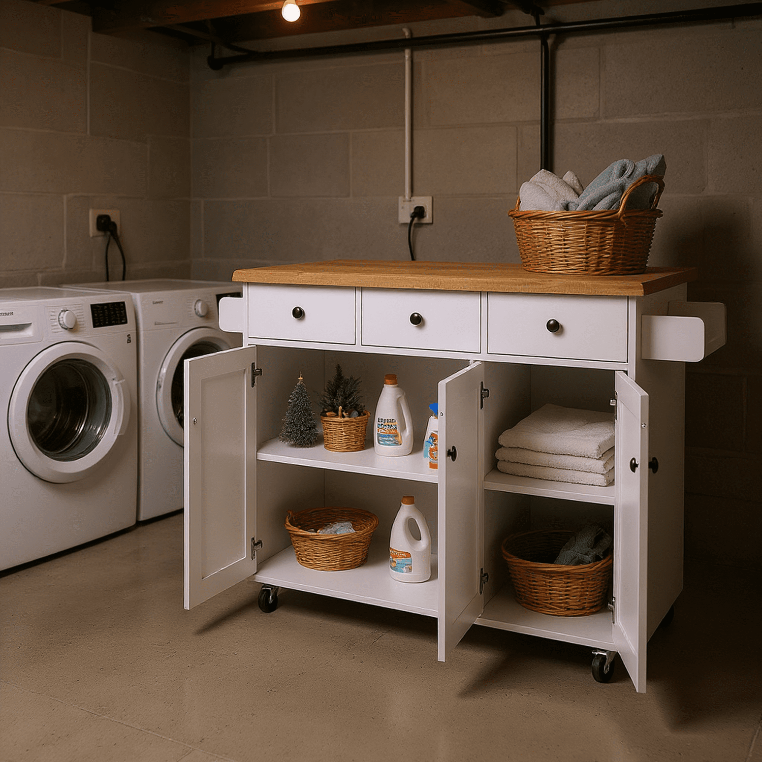 Homy Casa 56.6" Rolling Utility Cart with Cabinets, Multi-Purpose Serving Buffet, Laundry Organizer