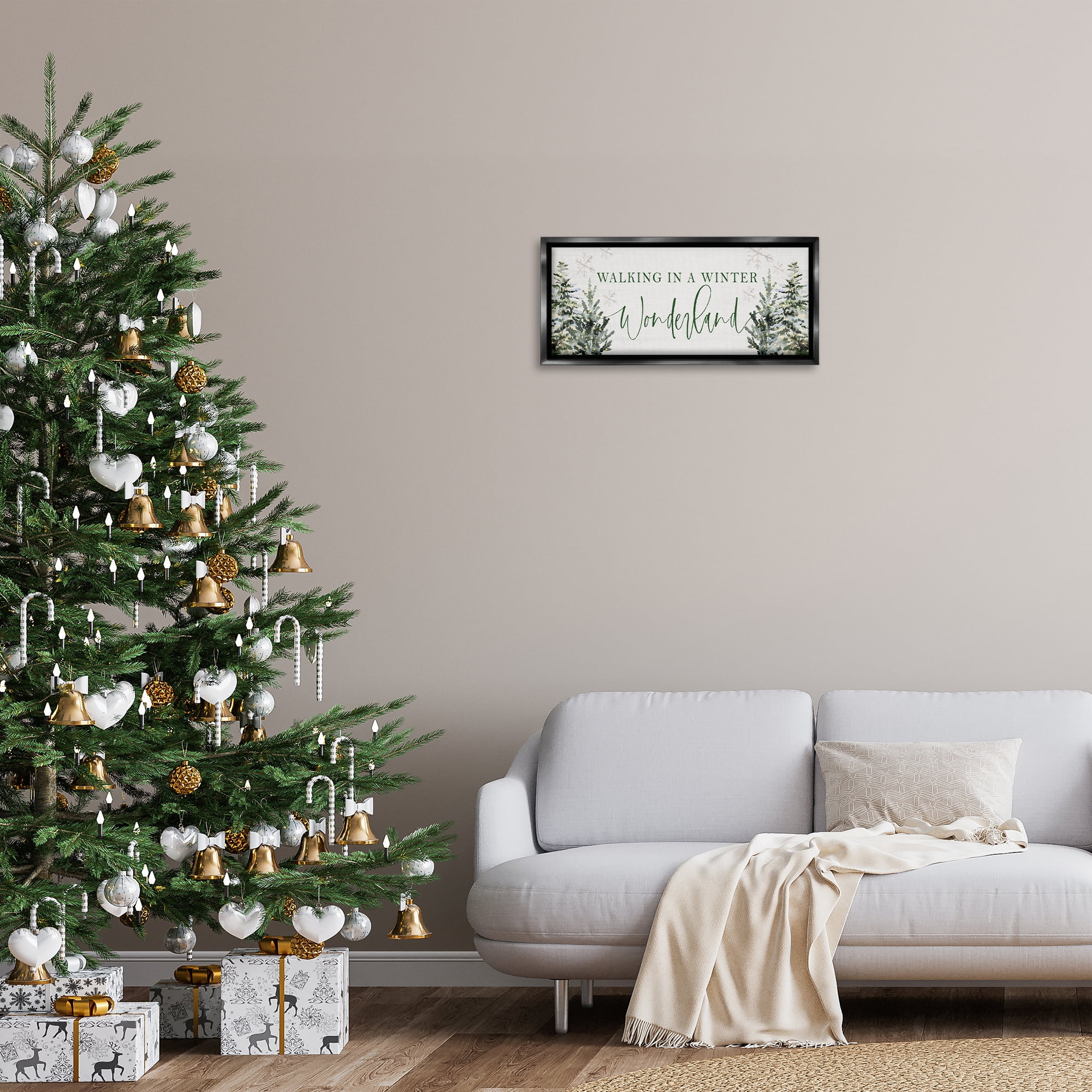 Stupell Industries Winter Wonderland Trees Typography Painting Black Floater Framed Canvas Art Print Wall Art, 25 x 11