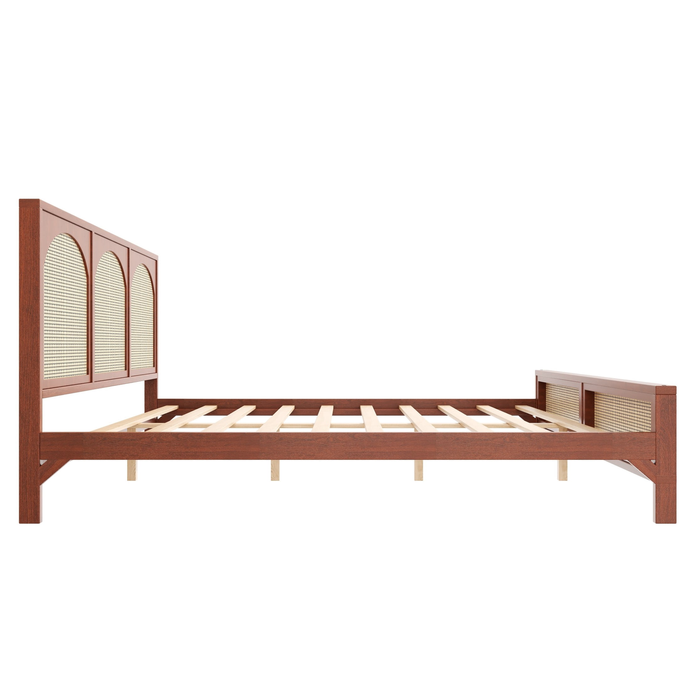 Alvantor King Size Wood Bed Frame with Rattan Headboard & Footboard, Walnut+Beige