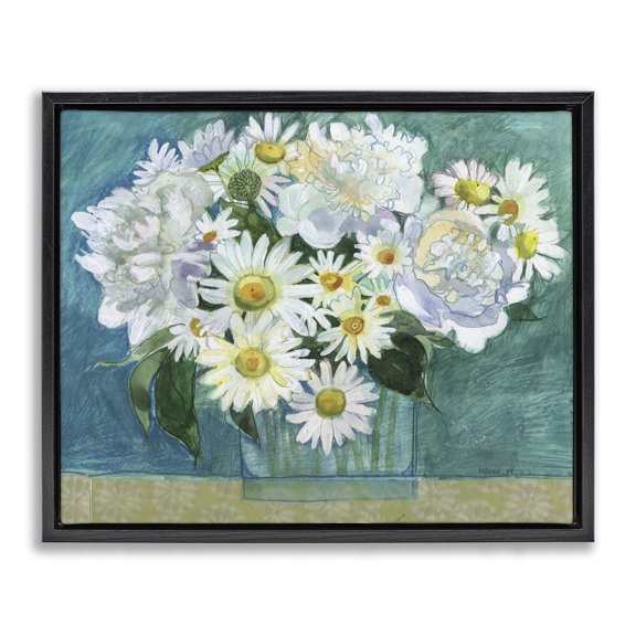 Stupell Industries Eclectic Mixed White Flower Blossoms Layered Collage Drawing Black Floating Frame Canvas Art, 21 x 17, by Maret Hensick