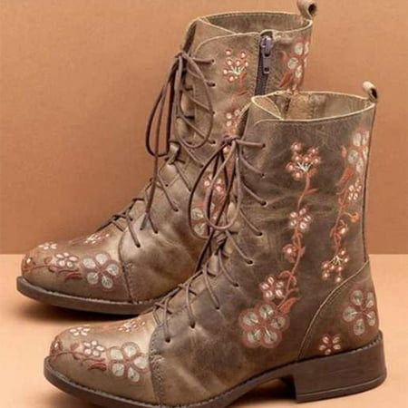 

Ankle Boots Women Cowboy Boots Comfortable Pull On Zipper Chunky Heel Pointed Toe Embroidered Western Cowgirl Knee High Boots Girls Ladies Retro Tall Boot Khaki 7