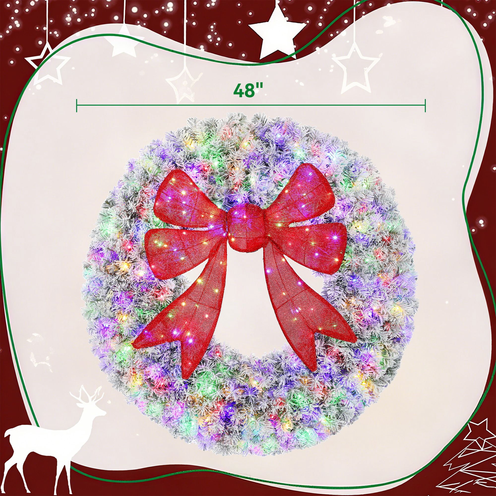 48-Inch Pre-Lit Christmas Wreath with 3D Bow, 200 LED Lights, 11 Lighting Modes, Remote Control, Flocked Front Door Decoration for Indoor and Outdoor Use