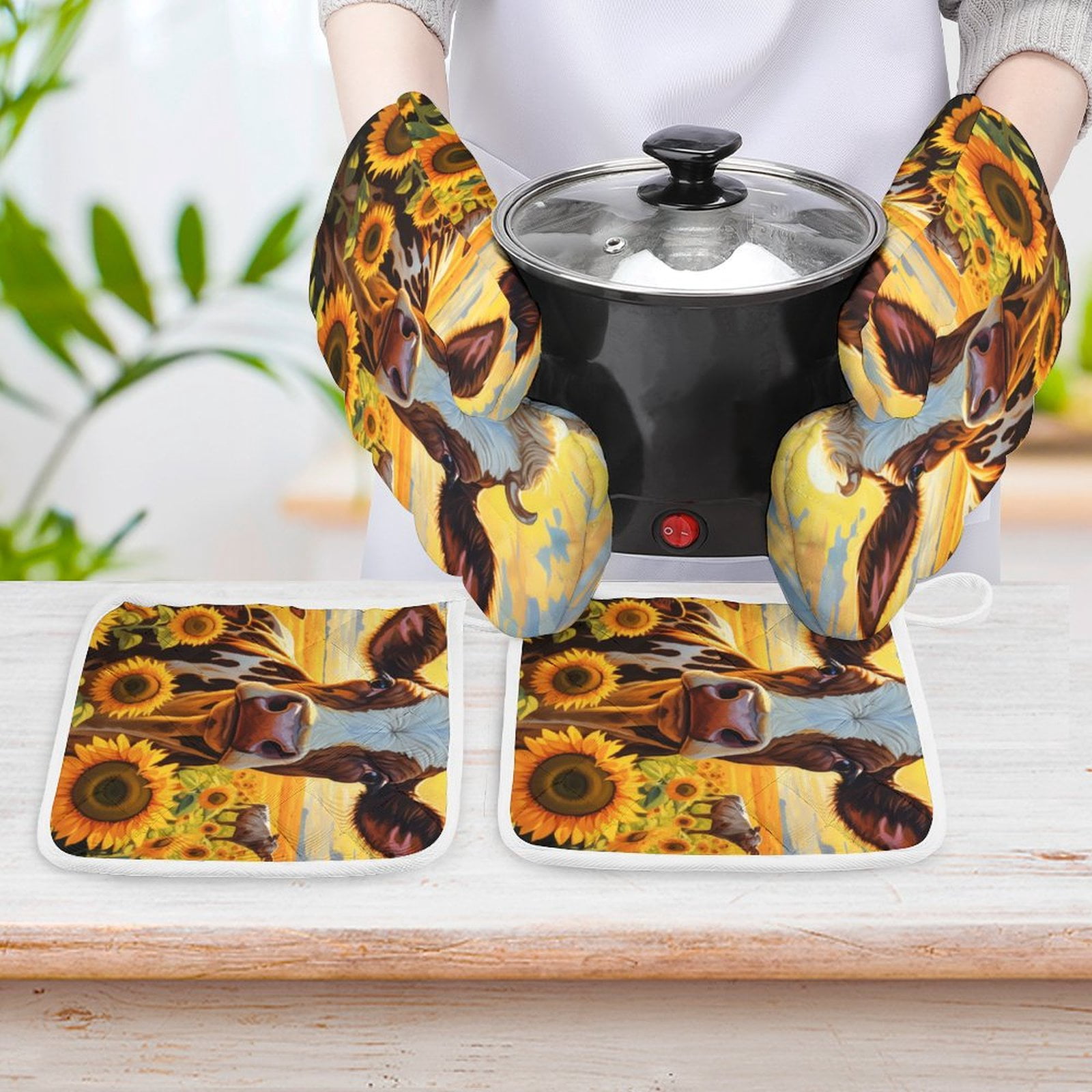 Farm Cows Heat Resistant Microwave Oven Gloves Set for BBQ Baking Grilling,Baking Gifts Cooks for Women,Housewarming Gifts for New Home