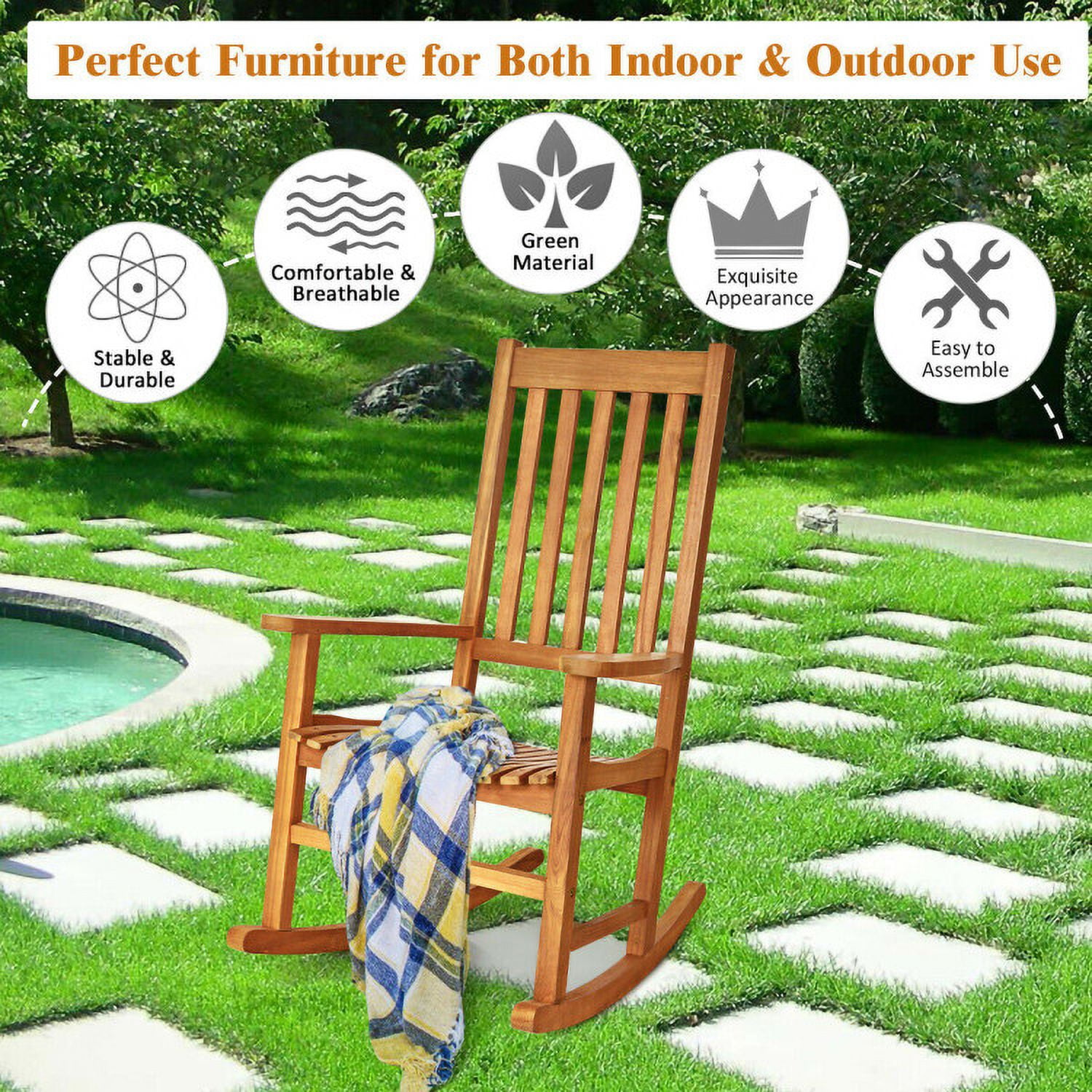 Aimee Lii Outdoor Rocking Chair, Patio Wooden Rocker Chair for Lawn, Porch, Backyard, Indoor and Garden, B-Natural