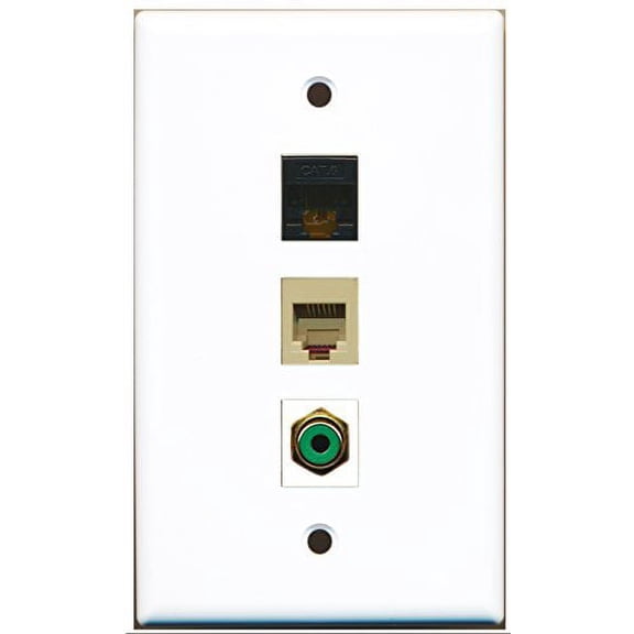 RiteAV - 1 Port RCA Green and 1 Port Phone RJ11 RJ12 Beige and 1 Port Cat6 Ethernet Black Wall Plate