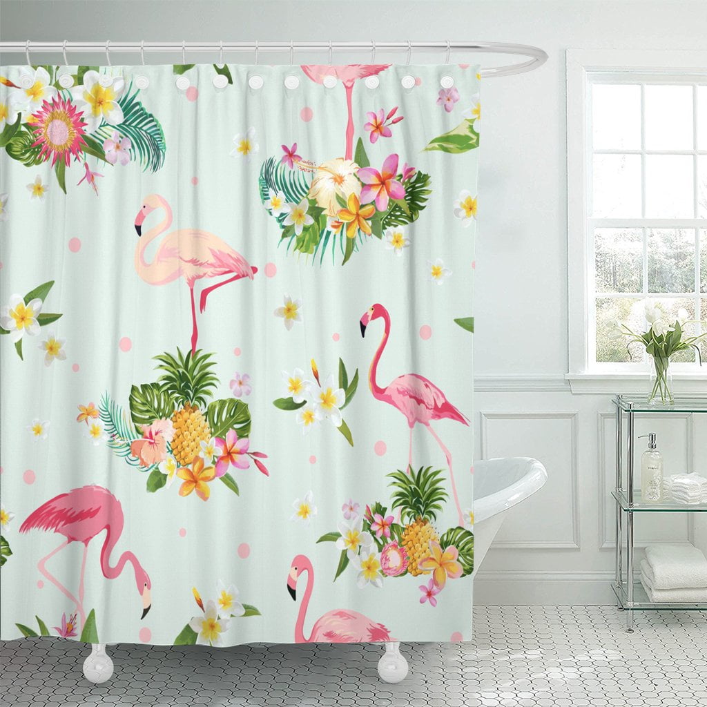 Pink Flamingo Summer Tropical Paradise Waterproof Fabric Shower Curtain Set 72" 