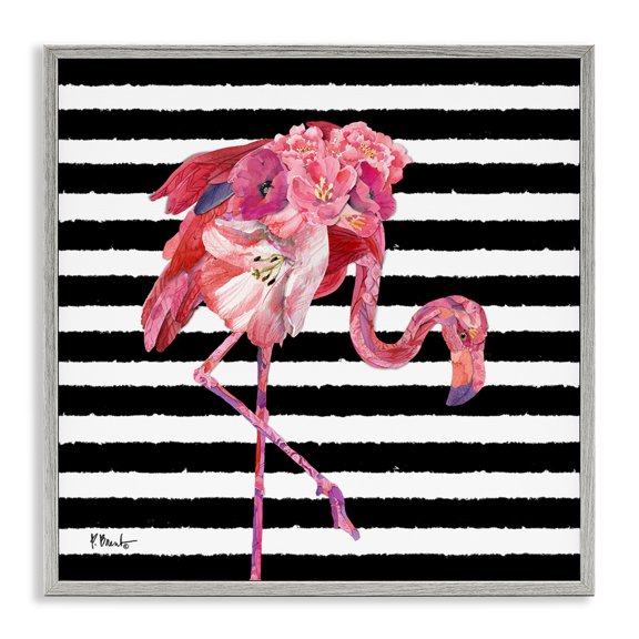 Stupell Industries Glam Floral Stripes Flamingo Bird Gray Framed Giclee Art, 12 x 12, by Paul Brent