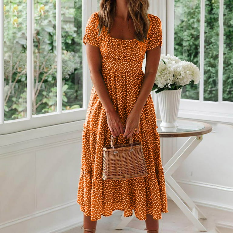 BLVB Summer Fall Dresses for Women Short Sleeve Trendy Beach Midi Dress  Square Neck Tiered Boho Sundress - Walmart.com