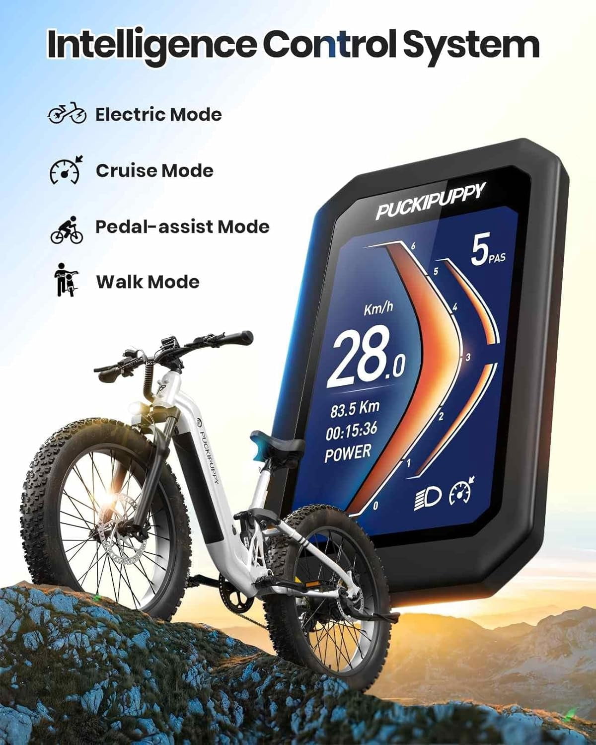 PUCKIPUPPY 26" Fat Tire Electric Bikes for Adults 28mph Top Speed 960W Peak 80Miles Max Range Full Suspension Step Through Ebike 48V 20AH Battery 7 Speed E-Mountain Bike, Comply with UL2849 By SGS