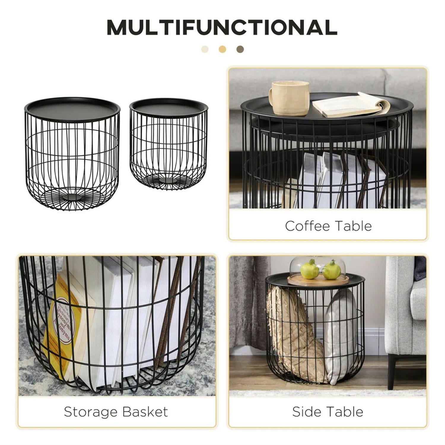 Demi Bonn 15" Nesting Coffee Tables with Steel Wire Basket & Removable Top, Living Room Home Decor for Patio and Garden, Black