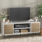 Furmax Mid-Century 2-Door TV Stand for TVs up to 65, White&Walnut