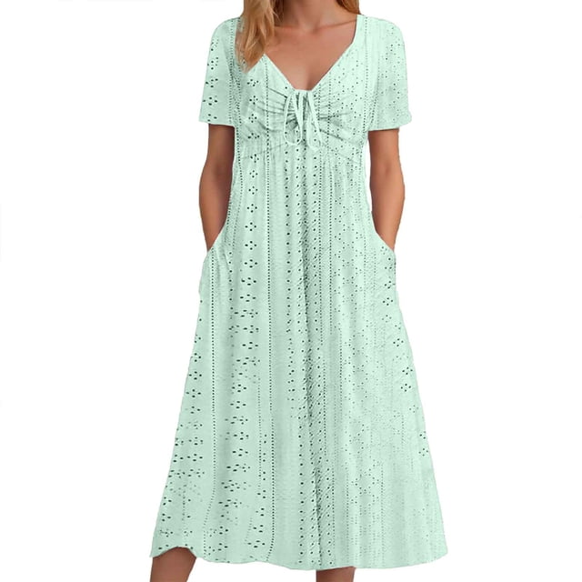 Vestido largo liso con cuello en V y volantes de encaje para mujer - Poliéster elástico, elegante/casual, lavable a máquina, para la noche/cócteles