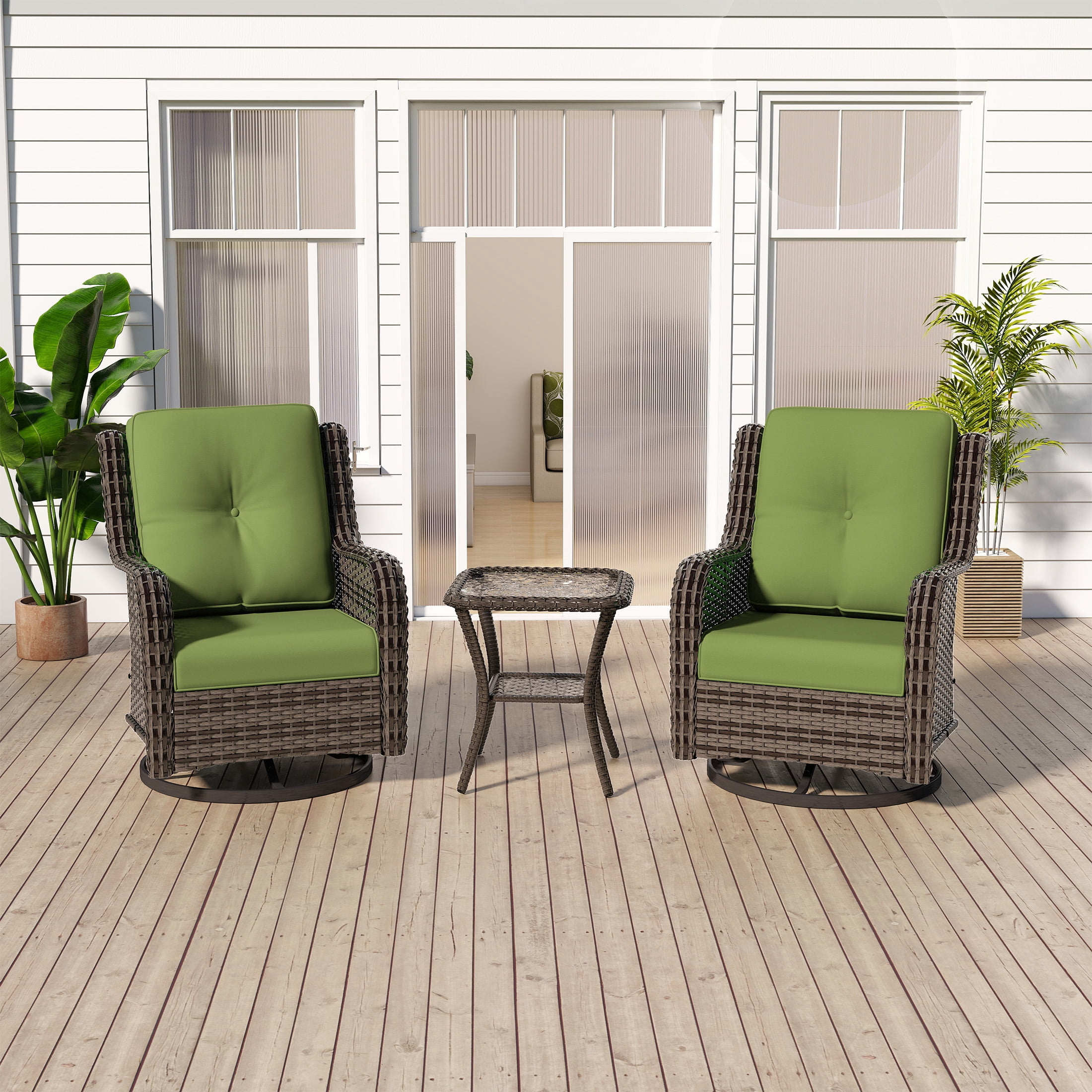 MeetLeisure 3 Piece Wicker Patio Furniture Set with Side Table, Outdoor Swivel Rocker Chairs with High Back, Deep Seating, Wide Armrest, Thick Cushions for Deck Porch, Green