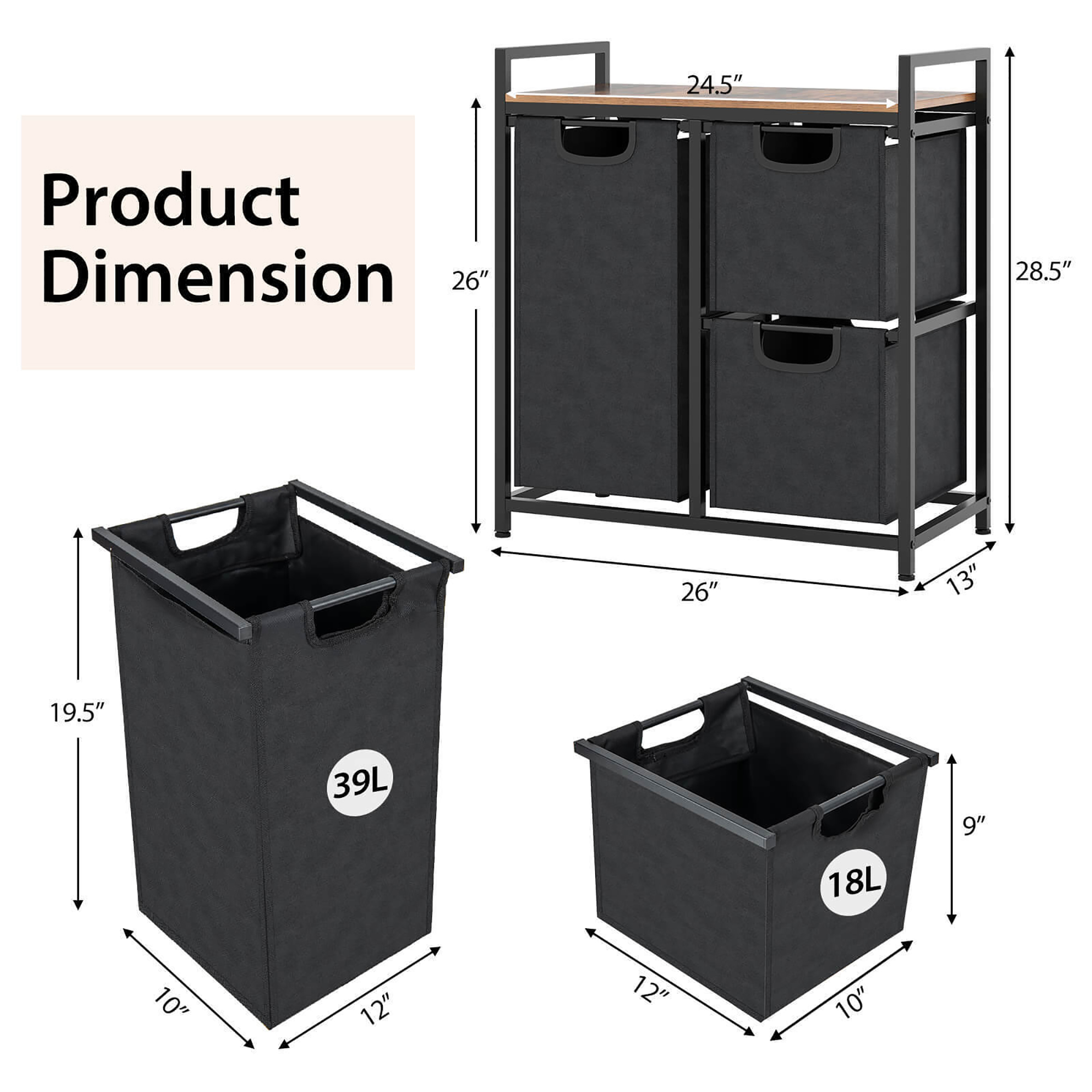 Gymax Freestanding Laundry Hamper Basket Organizer w/ 3 Pull-Out Removable Bags