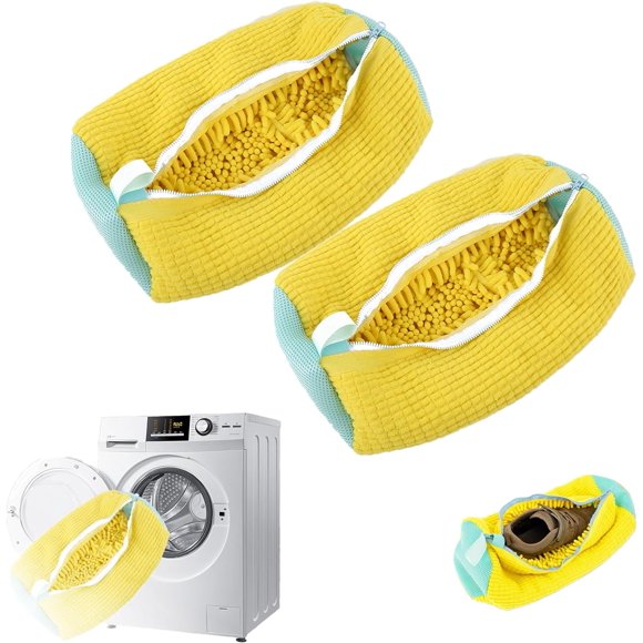 Shoe Washing Bag for Washing Machine, Laundry Shoe Bag for Washer and Dryer, Reusable Shoe Washing Bag for All Shoe Types and Sizes (Yellow 2Pcs)