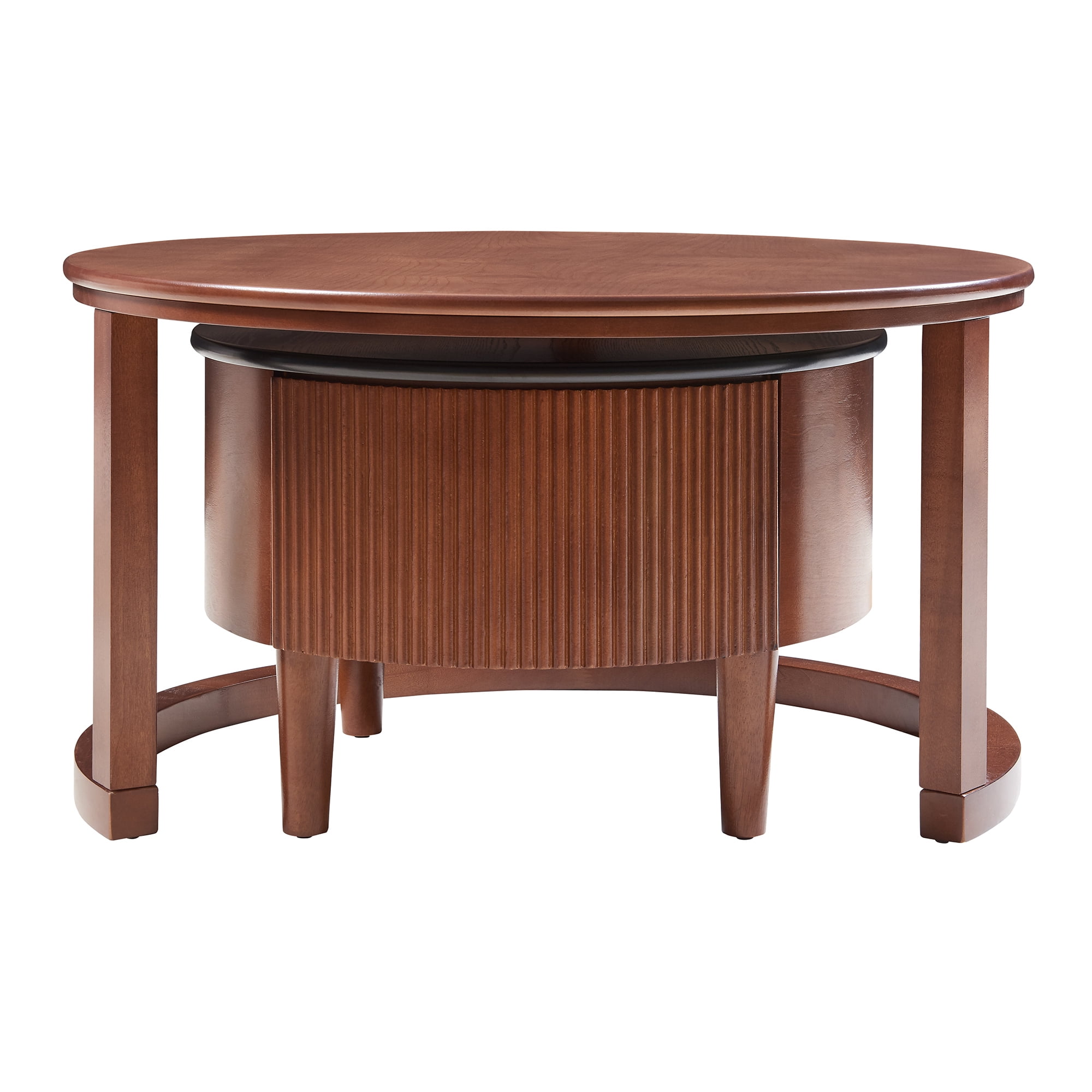 Euroco Vintage Round Nesting Coffee Table Fluted with Drawer in Black & Walnut in 31.5''