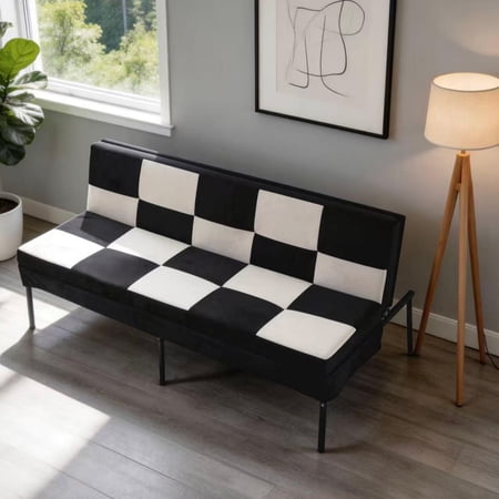BSHTI 63.39" Velvet Convertible Futon Sofa Bed with 5-Position Adjustable Backrest , Twin Size Couch Sleeper Sofa for Living Room, Bedroom, Dormitory Black&White