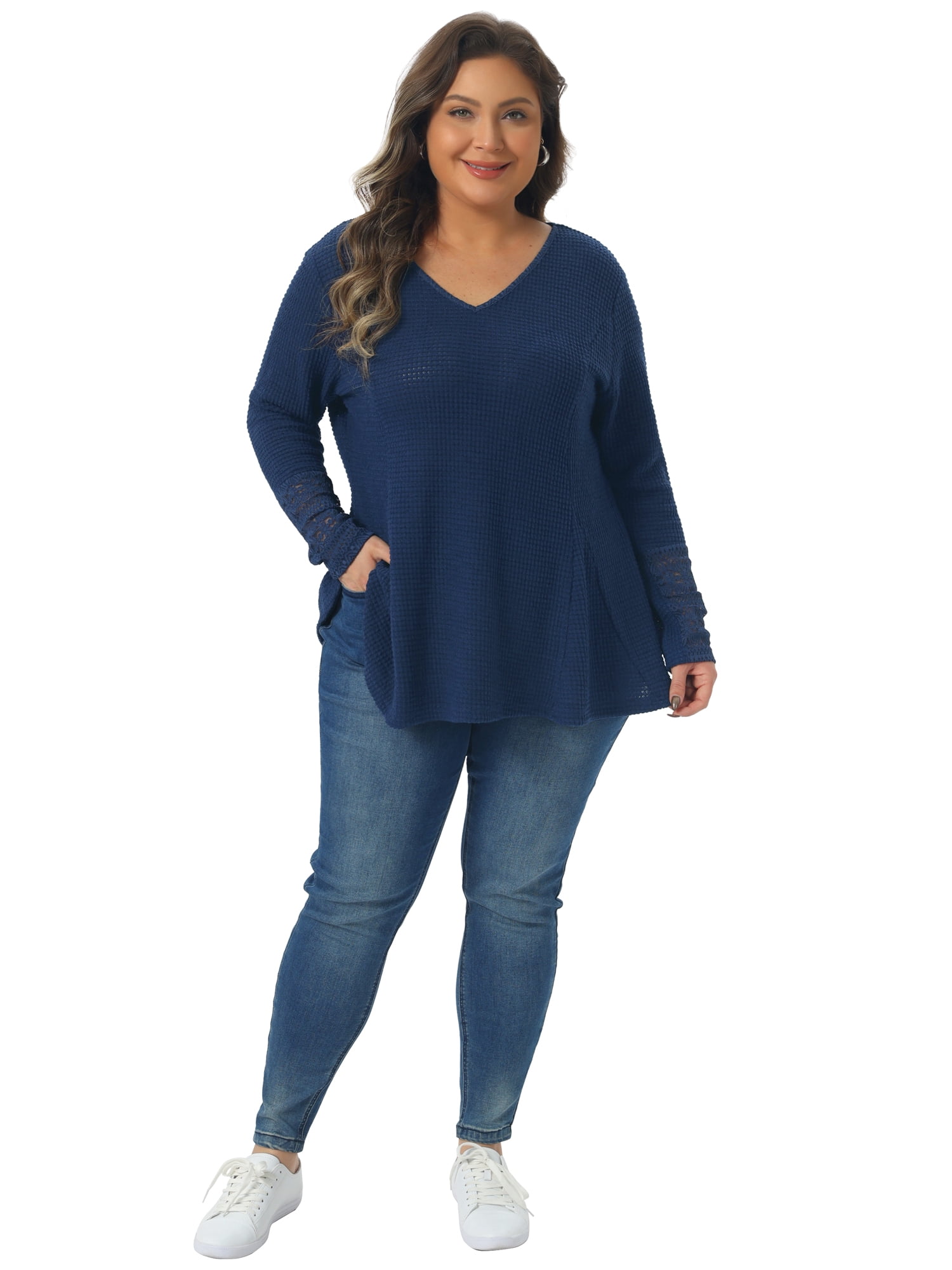 DARING DIVA Women's Plus Waffle Knit Tops V Neck Lace Patchwork Blouse 3X Navy Blue