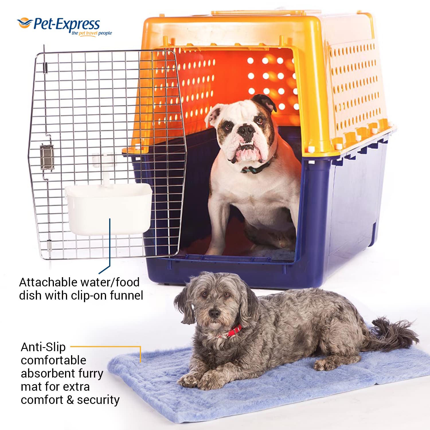 Pet Crate for Large Dogs and Cats, Heavy Duty Airline Approved Travel Kennel, Durable Metal Door Dog Cage Indoor Outdoor Use, Includes Mat and Bowl, Yellow and Blue