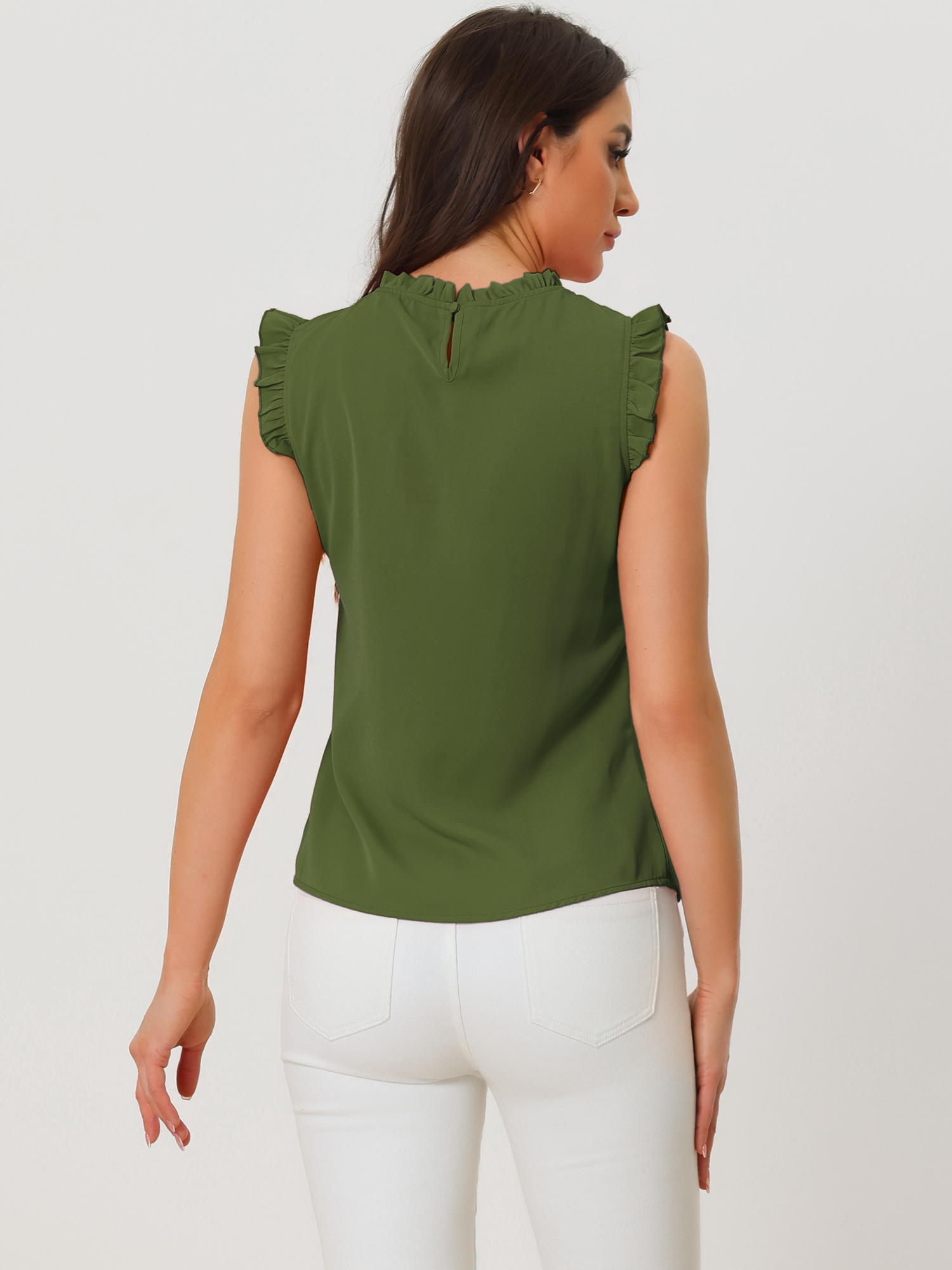 DARING DIVA Women's Ruffled Trim Pleated Plain Blouse Top XS Army Green