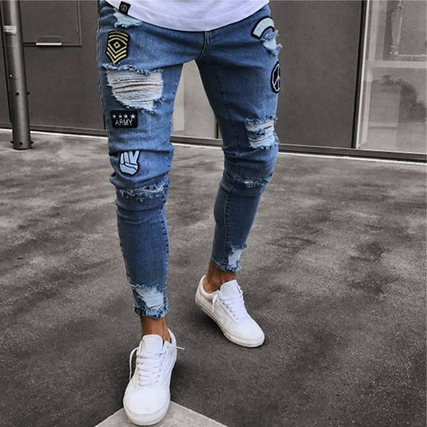 Pantalones vaqueros elásticos rasgados ajustados con bordado de motorista para hombre Tan Jianjun unisex