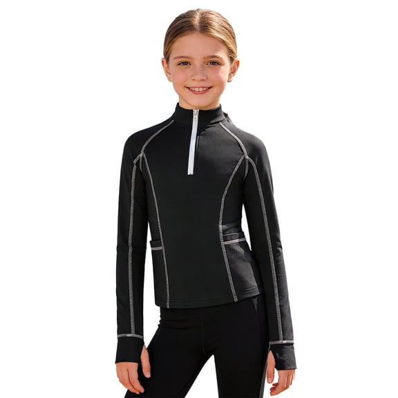 inhzoy Kids Girls Horse Riding Long Sleeve Shirts Athletic Yoga Jacket Half Zip Pullover Sweatshirts Black 14