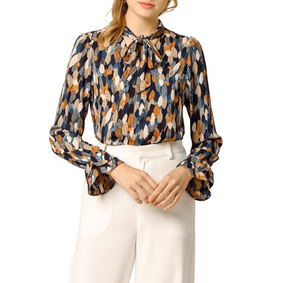 DARING DIVA Women's Tie V Neck Floral Shirt Trumpet Blouse L Blue Orange