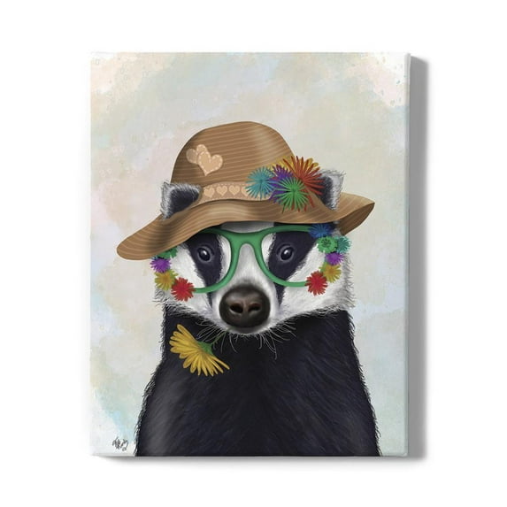 Badger And Flower Glasses Wrapped Canvas -Fab Funky Designs,
