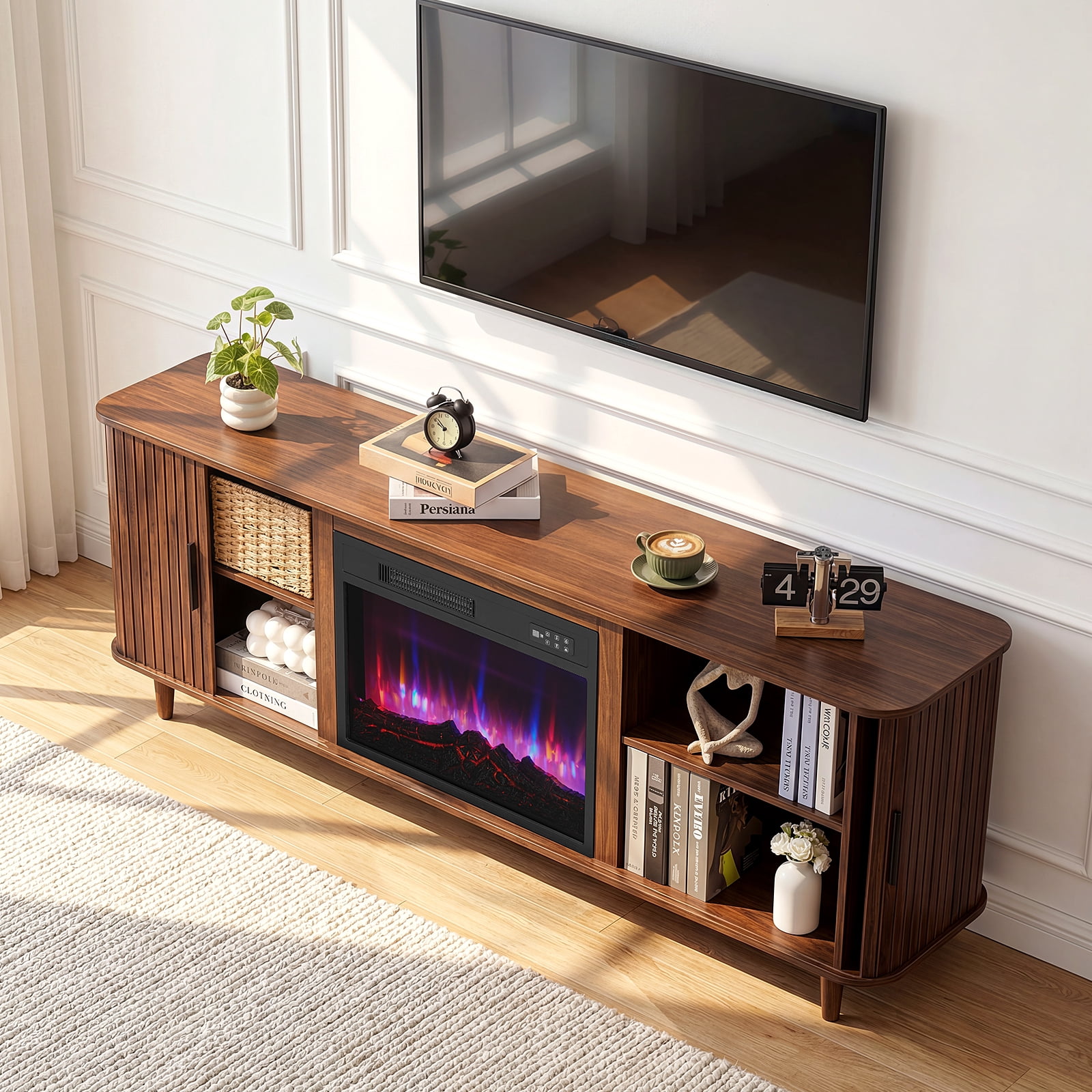 Dovov 70" Fireplace TV Stand for TVs Up to 80", Modern Fluted Entertainment Center Media Console Cabinet with 23" Electric Fireplace and Sliding Door, for Living Room, Walnut