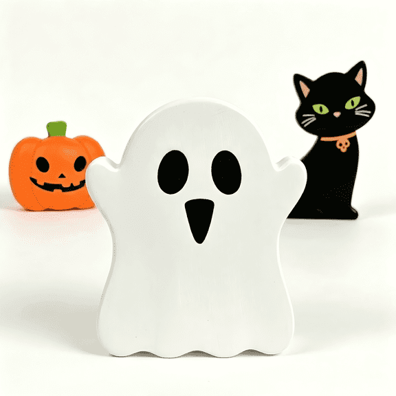 Set of 3 Halloween Tabletop Decor Cute Wooden Pumpkin Decoration for Halloween, Wooden Pumpkin Ghost Black Cat Figurines, Farmhouse Halloween Indoor Decoration for Home, Shelf