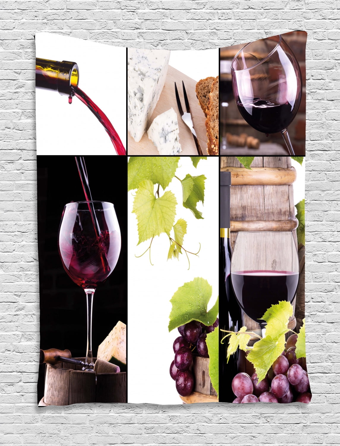 Wine Tapestry, Wine Collage with Barrel Bottle Wineglass Grape Gourmet