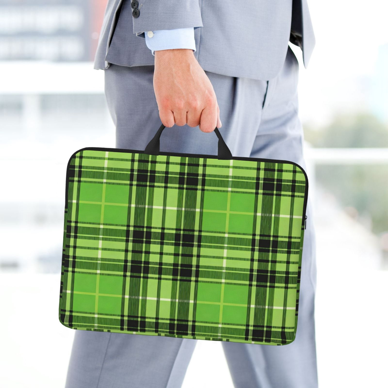 Laptop Sleeve Bag For Women Men 14inch Waterproof Durable Protective Computer Carrying Cover Handle Laptop Case Bag Green And Black Checkered Pattern (2)