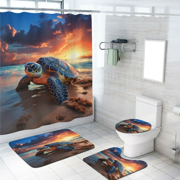 Beach Turtle Shower Curtain Sets with Non-Slip Rug Blue Ocean Sea Turtle Summer Coastal Scenery Bathroom Decor Bath Curtain with Rugs Toilet Lid Cover Bath Mat, 72x72 Inch