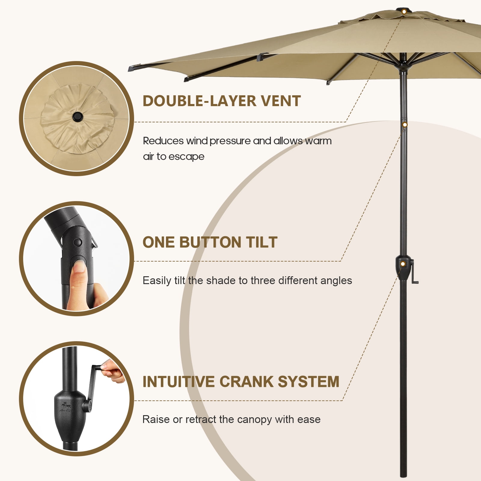 Abba Patio 9ft Oslo Outdoor Umbrella w/ Push Button Tilt & Crank, 8 Ribs, Brown
