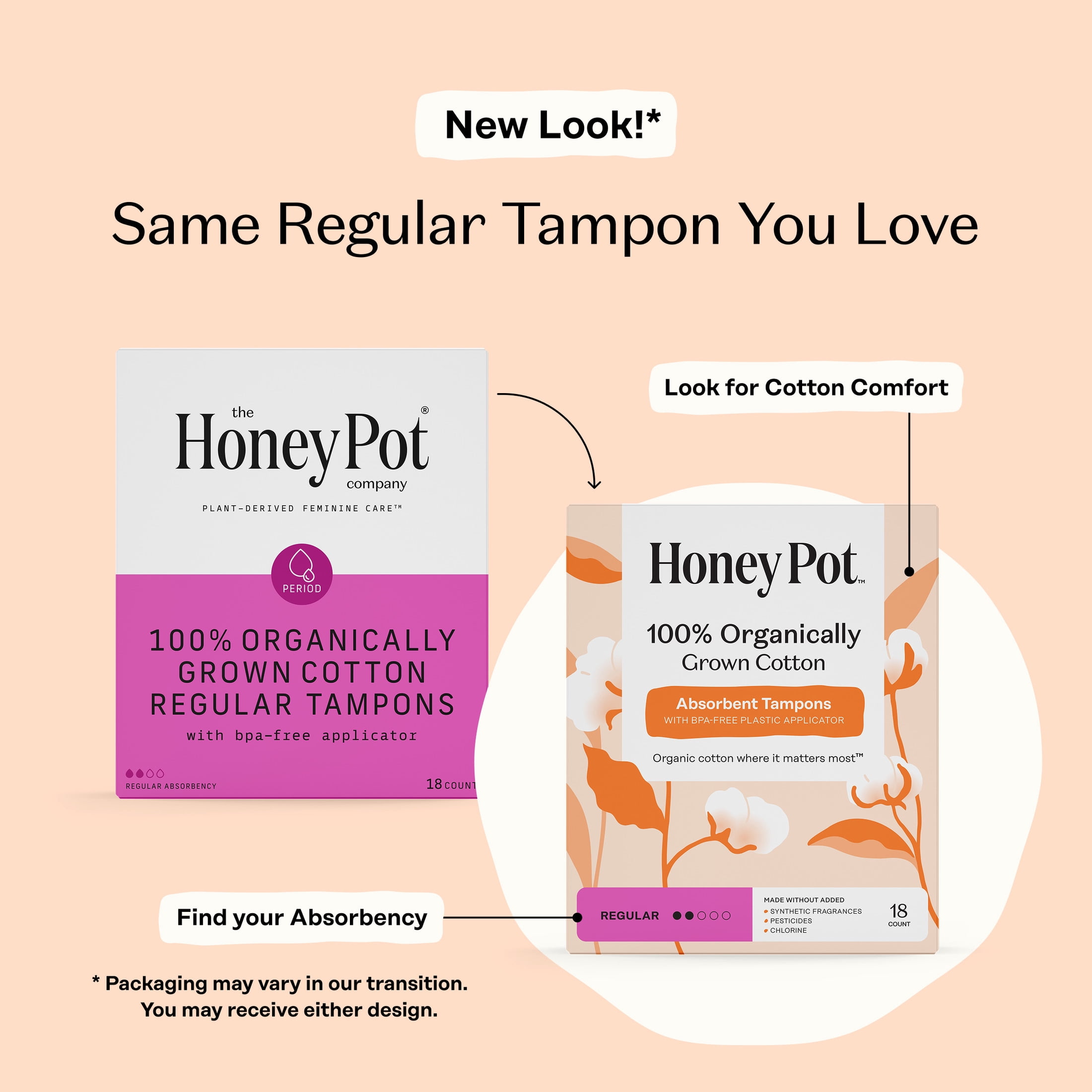Honey Pot 100% Organic Cotton Core Regular Tampons, 18 Count
