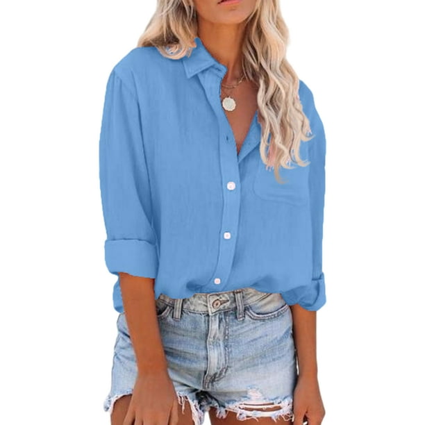 LUXUR Women Tops Lapel Neck Shirts Button Down Blouse Loose Tunic Shirt Long Sleeve Light Blue L