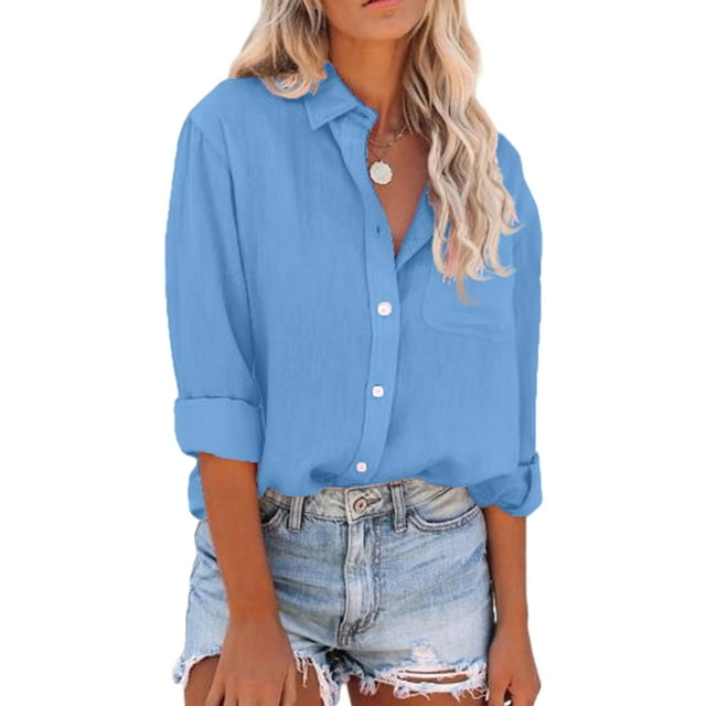 Innerwin Shirts Button Down Women Tops Work Long Sleeve Loose Blouse Light Blue XL