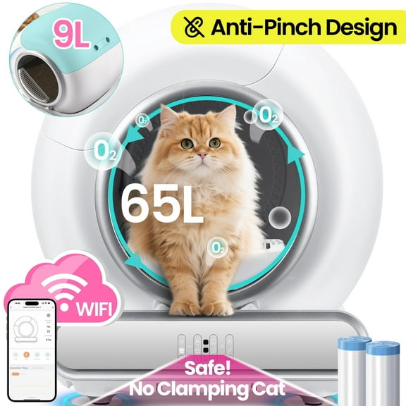 FaayFian Self Cleaning Cat Litter Box with APP Control, 65 9L Large Litter Box, Automatic Cat Litter Box, Safety Protection, Odor Removal, Litter Box with 2 Rolls Liners
