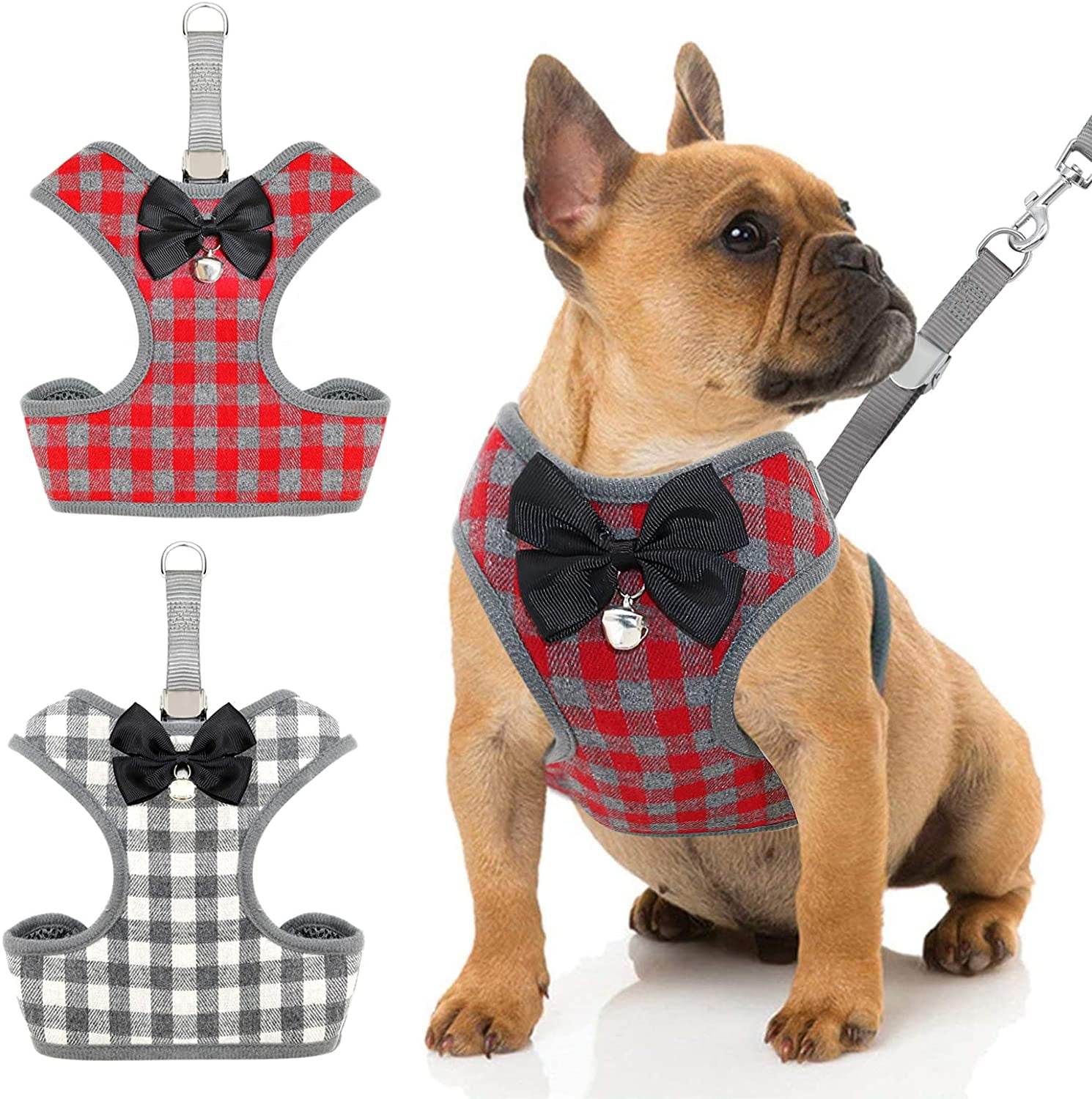 Red Tartan Pet Harness Sizes XS Dog Harness with Flower or Bow Tie M S 
