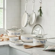 The Pioneer Woman 12-Piece Classic Aluminum Cookware Set, PFAS-Free Ceramic Nonstick, Pots and Pans Set with Decal Pattern, Agatha Blue