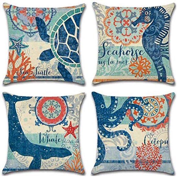 Summer Pillowcase Ocean Theme Throw Pillow Covers Ocean Pillowcase Sea Throw Pillow Covers Set of 4 Throw Pillow Covers (Ocean Style)