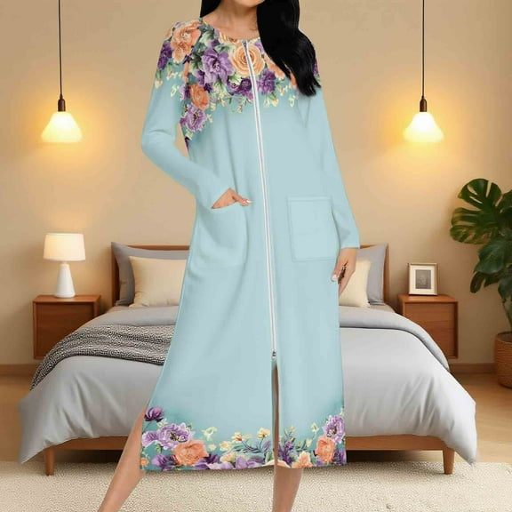 Aboser Zip Up Robes for Women Loungewear Vintage Floral Bathrobe Casual Long Sleeve Housecoat Breathable Soft Full Length Nightgown Dress with Pockets
